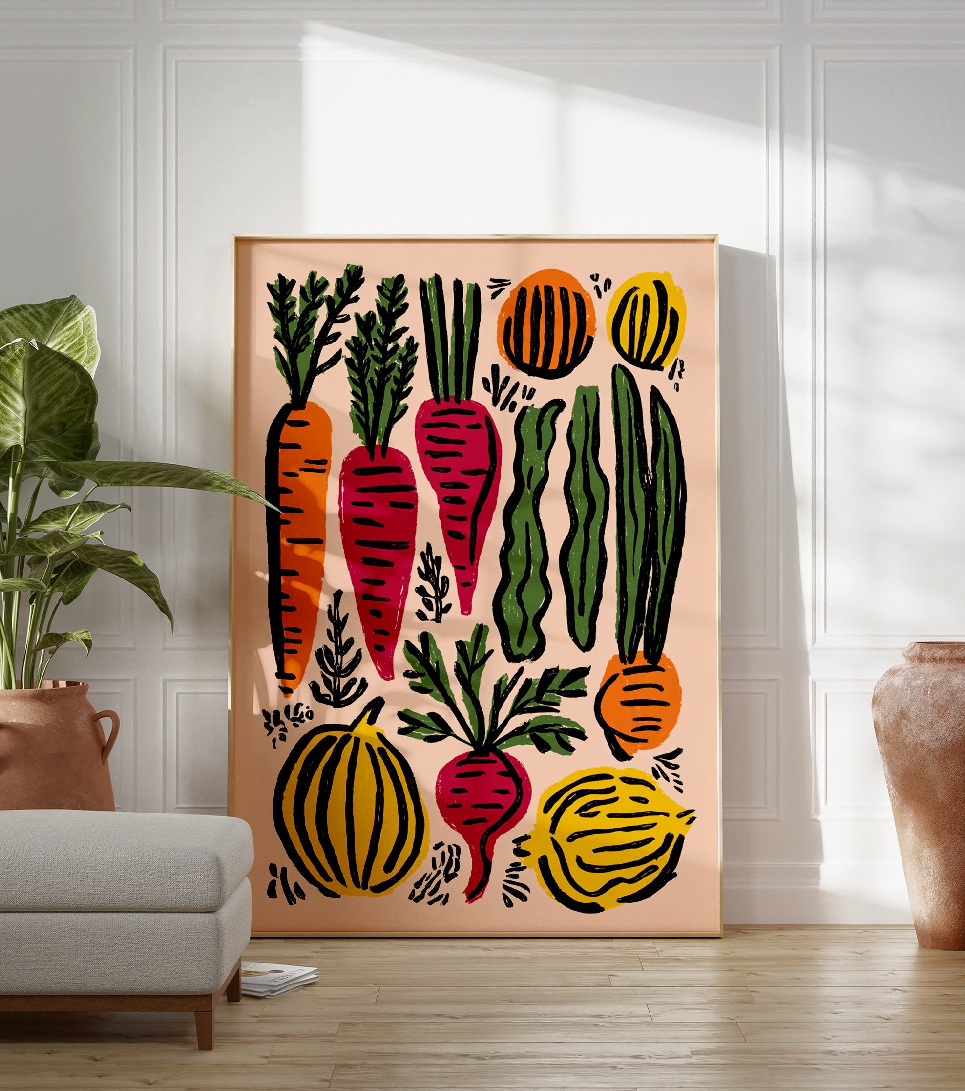 Colorful vegetable illustration poster featuring carrots, beets, squash, and other produce on a light pink background. - Image 3