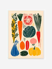 Colorful modern illustration poster featuring various vegetables like carrots, cabbage, tomato, and pumpkin on a light background.