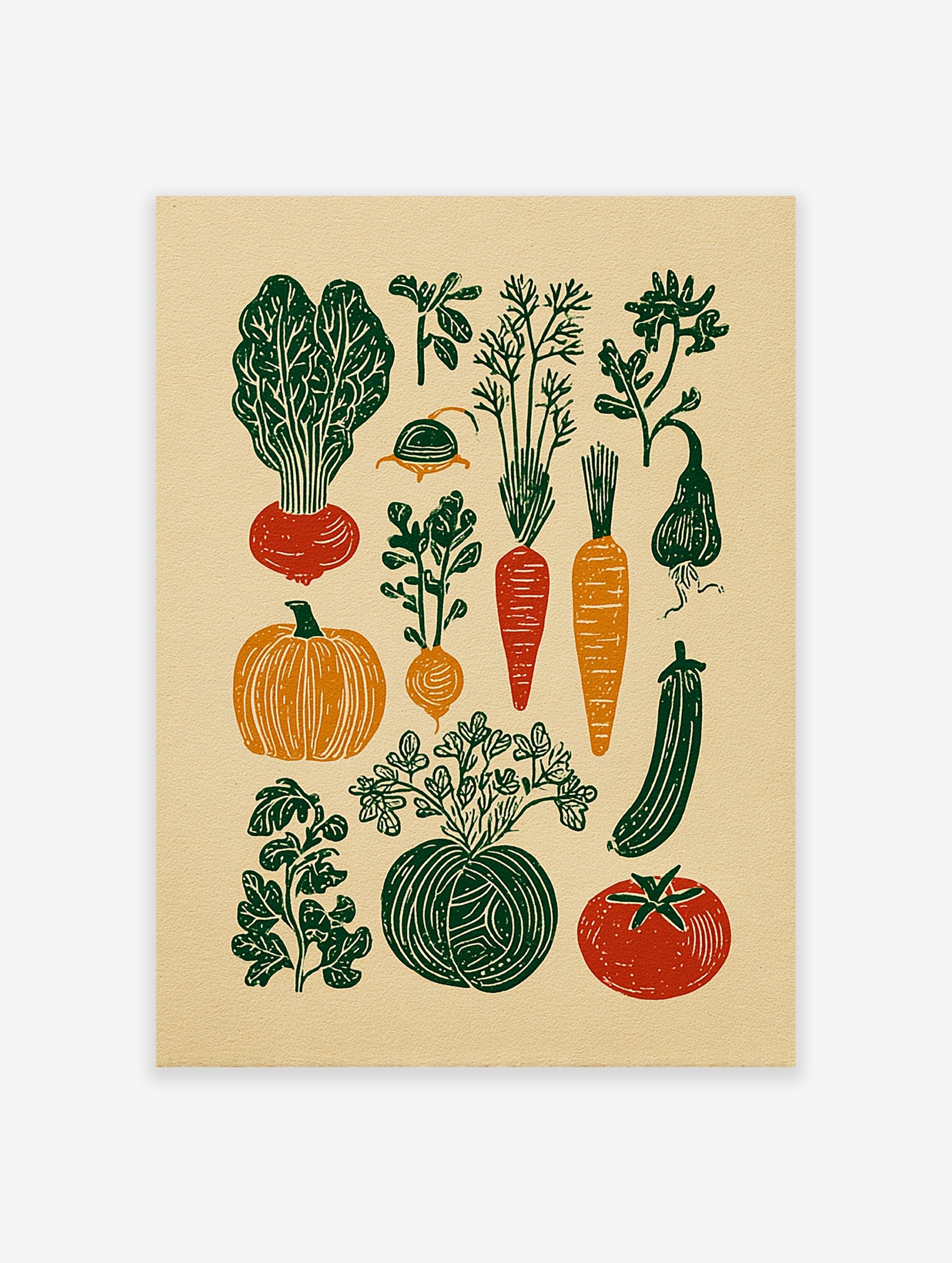 A rustic vegetable garden poster featuring linocut illustrations of various produce like carrots, beets, pumpkins, and herbs.