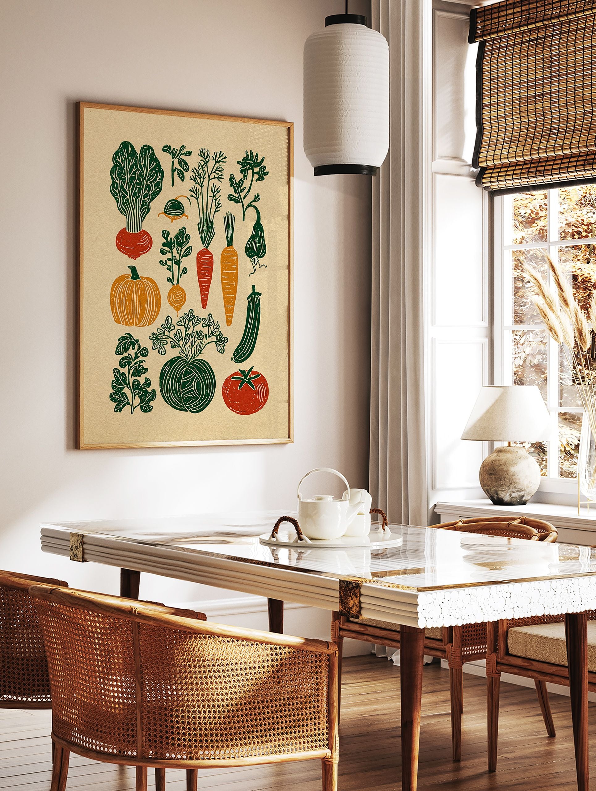 A rustic vegetable garden poster featuring linocut illustrations of various produce like carrots, beets, pumpkins, and herbs. - Image 2