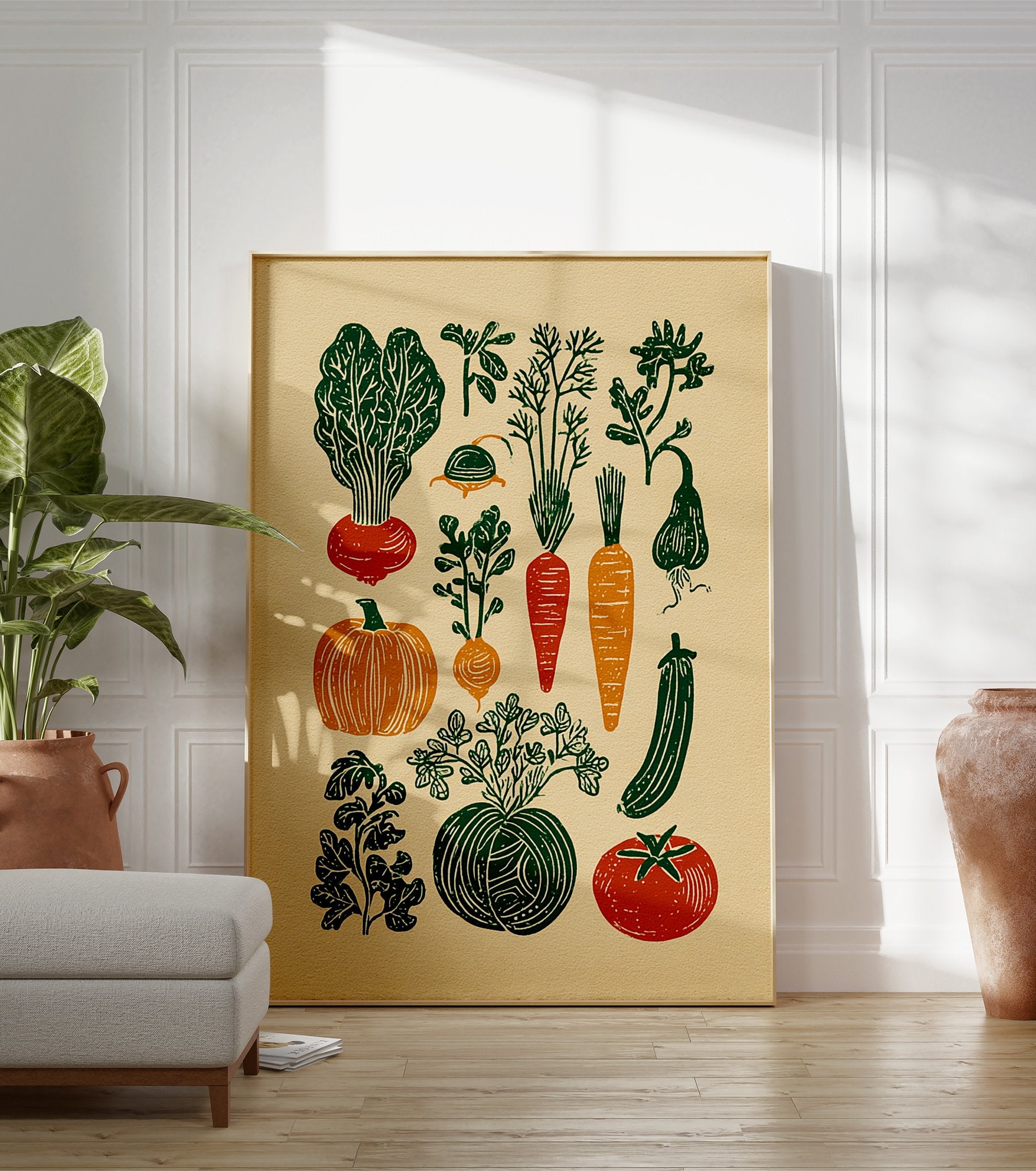 A rustic vegetable garden poster featuring linocut illustrations of various produce like carrots, beets, pumpkins, and herbs. - Image 3
