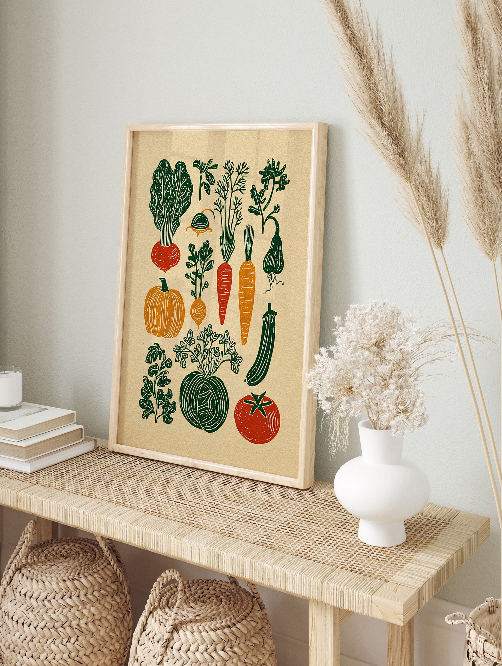 A rustic vegetable garden poster featuring linocut illustrations of various produce like carrots, beets, pumpkins, and herbs. - Image 4