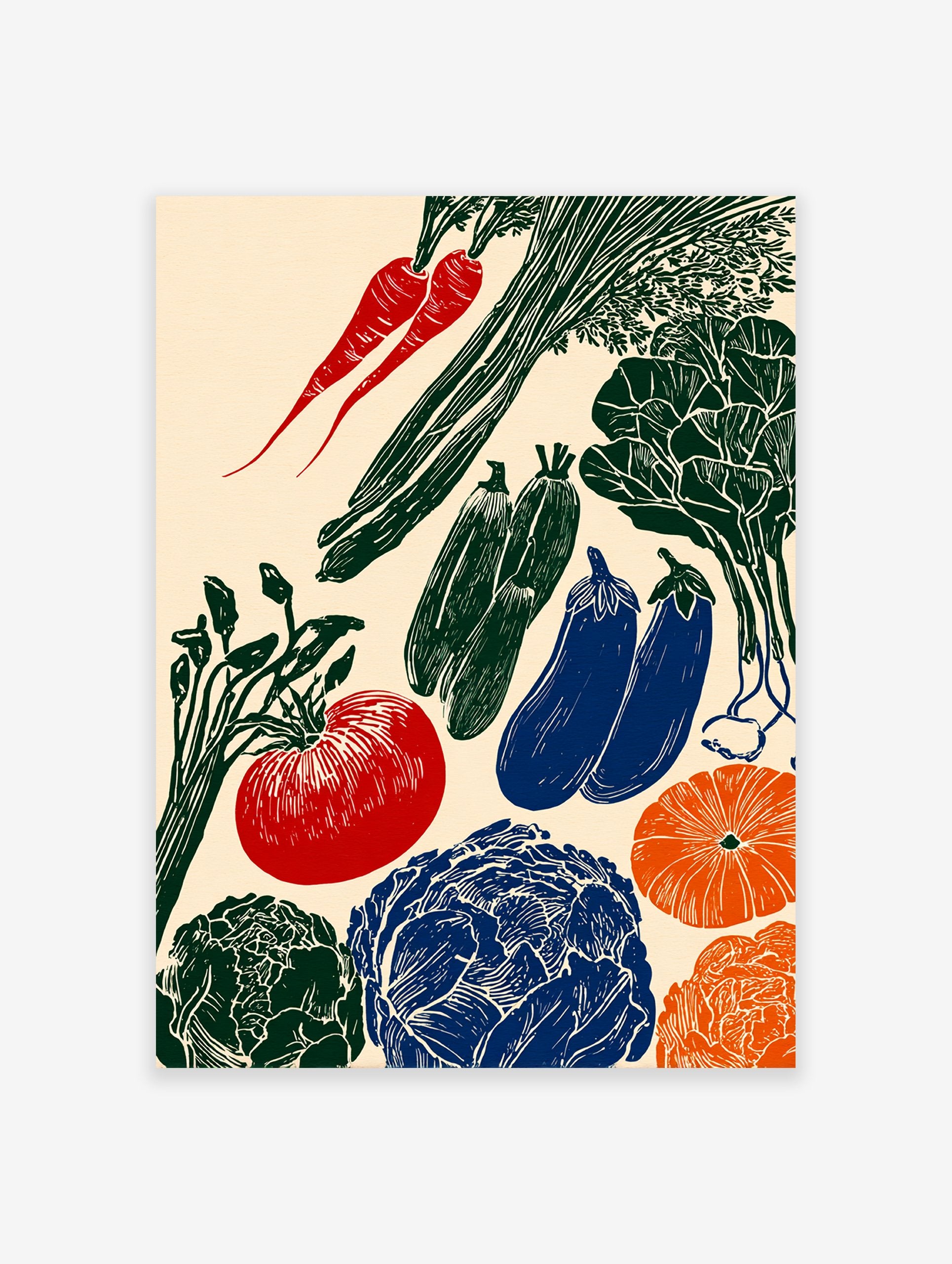 A rustic linocut-style vegetable poster featuring illustrations of red carrots, green zucchini, blue eggplants, a red tomato, green cabbage, and orange pumpkins on a cream background.