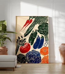 A rustic linocut-style vegetable poster featuring illustrations of red carrots, green zucchini, blue eggplants, a red tomato, green cabbage, and orange pumpkins on a cream background. - Image 3