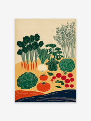 Poster of a vintage illustrated vegetable garden with carrots, radishes, tomatoes, cabbage, and greens on a beige background.