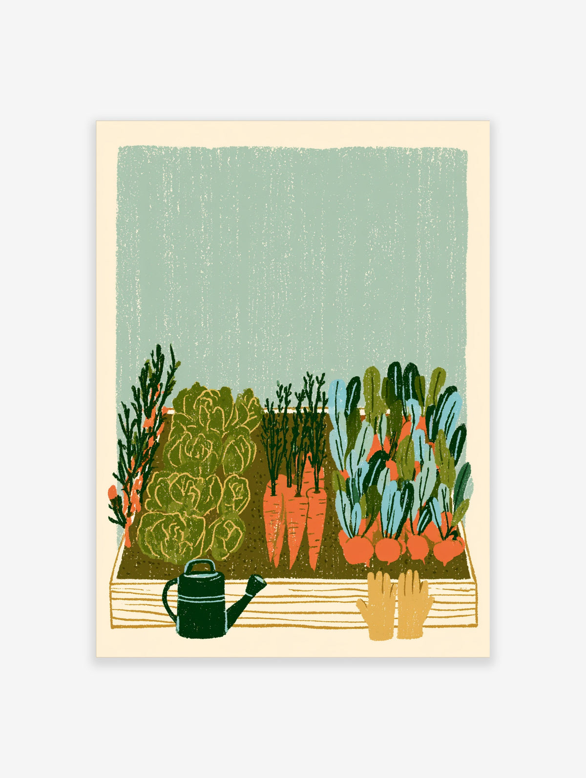 Illustrated vegetable garden poster with carrots, lettuce, and radishes in a raised bed