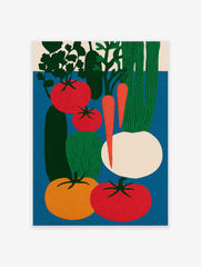 Poster featuring a vibrant, modern illustration of various vegetables including red tomatoes, orange tomatoes, cucumbers, carrots, and a turnip.