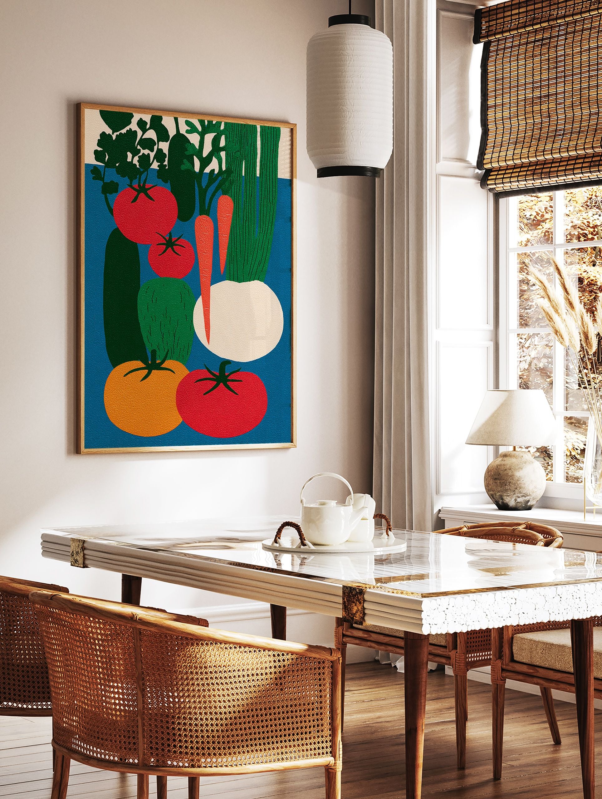 Poster featuring a vibrant, modern illustration of various vegetables including red tomatoes, orange tomatoes, cucumbers, carrots, and a turnip. - Image 2