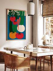 Poster featuring a vibrant, modern illustration of various vegetables including red tomatoes, orange tomatoes, cucumbers, carrots, and a turnip. - Image 2