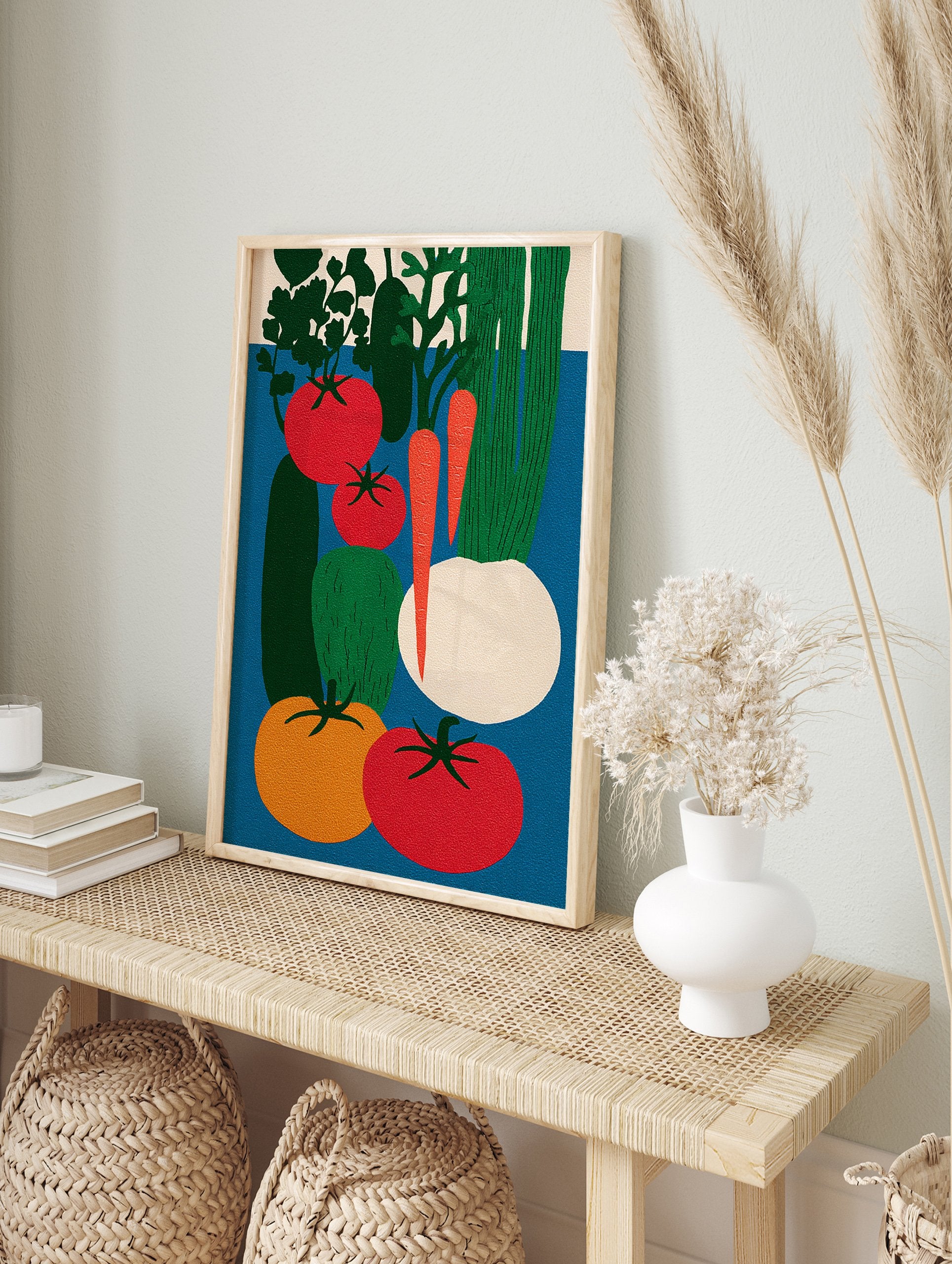 Poster featuring a vibrant, modern illustration of various vegetables including red tomatoes, orange tomatoes, cucumbers, carrots, and a turnip. - Image 4