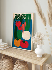 Poster featuring a vibrant, modern illustration of various vegetables including red tomatoes, orange tomatoes, cucumbers, carrots, and a turnip. - Image 4