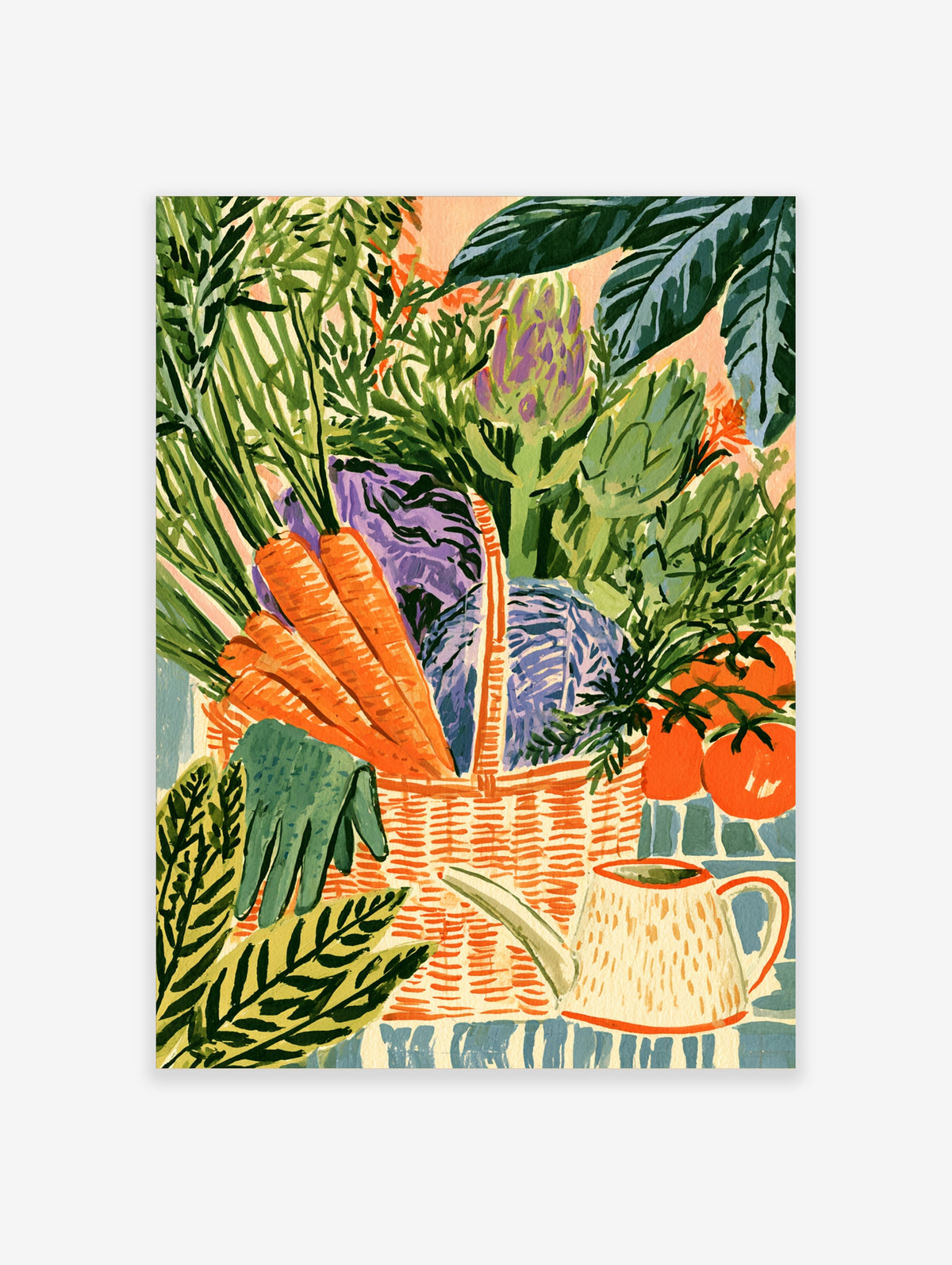 Colourful vegetable harvest basket poster with carrots, cabbage, artichoke and tomatoes
