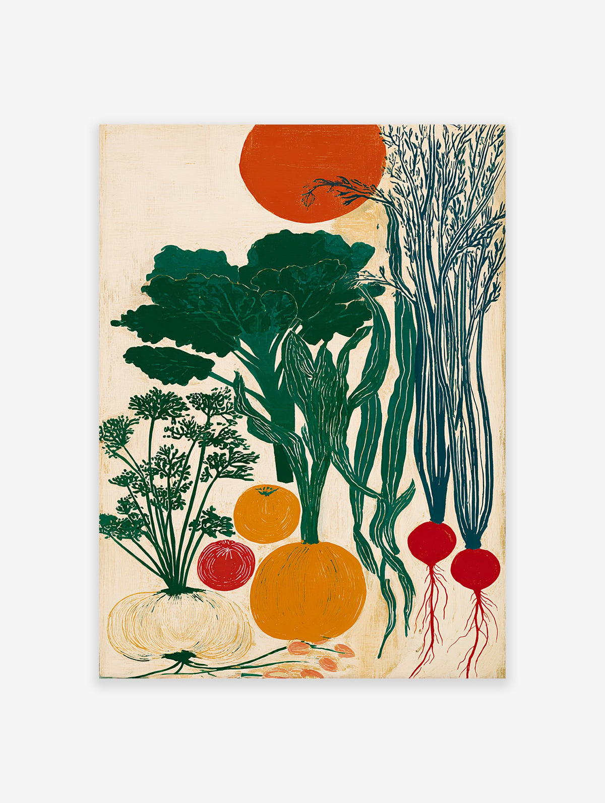 Modern botanical vegetable harvest poster featuring green broccoli, carrots, radishes, pumpkin, onion, and an orange sun.