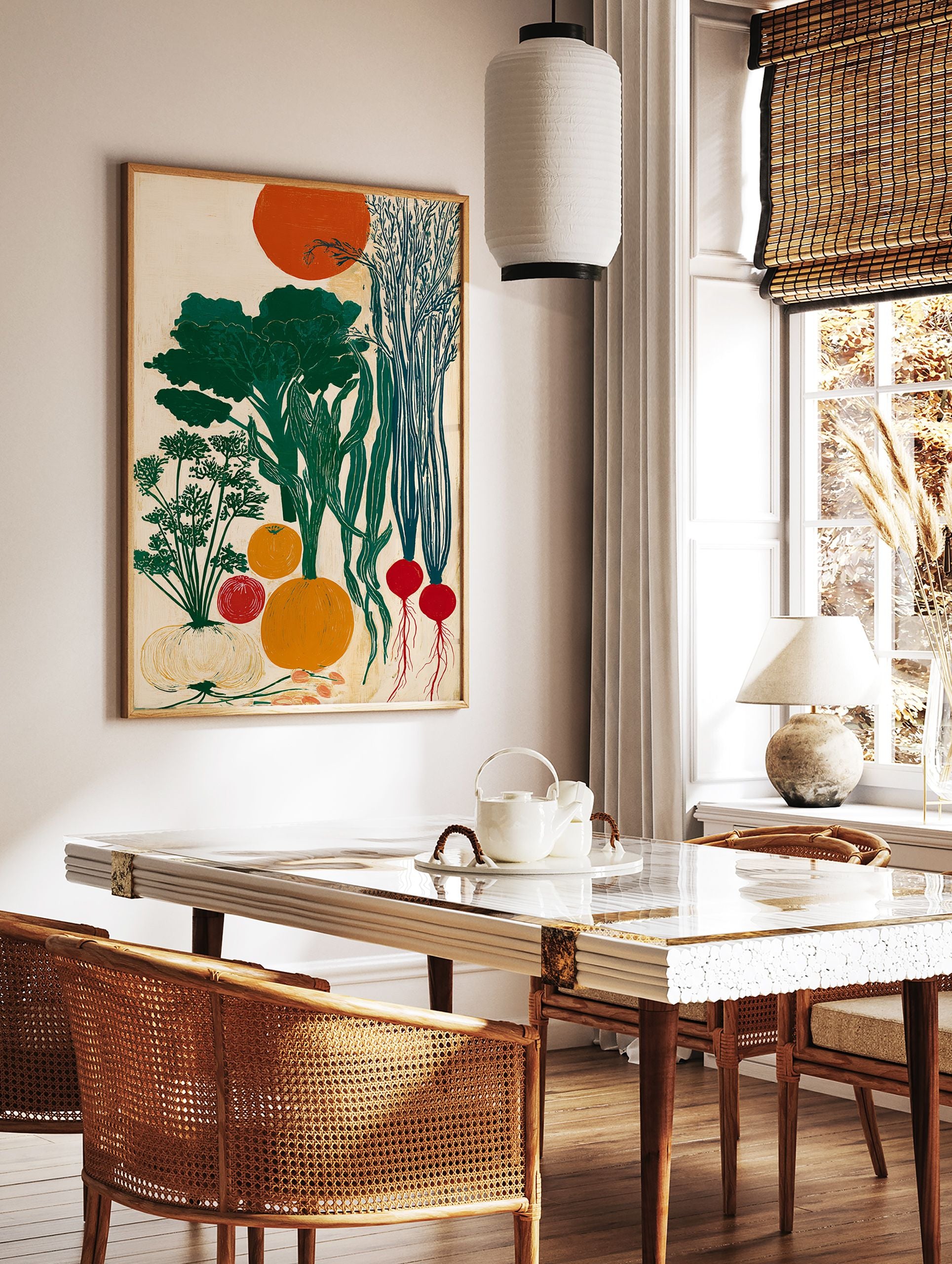 Modern botanical vegetable harvest poster featuring green broccoli, carrots, radishes, pumpkin, onion, and an orange sun. - Image 2