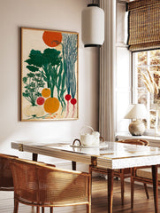 Modern botanical vegetable harvest poster featuring green broccoli, carrots, radishes, pumpkin, onion, and an orange sun. - Image 2