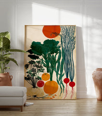 Modern botanical vegetable harvest poster featuring green broccoli, carrots, radishes, pumpkin, onion, and an orange sun. - Image 3