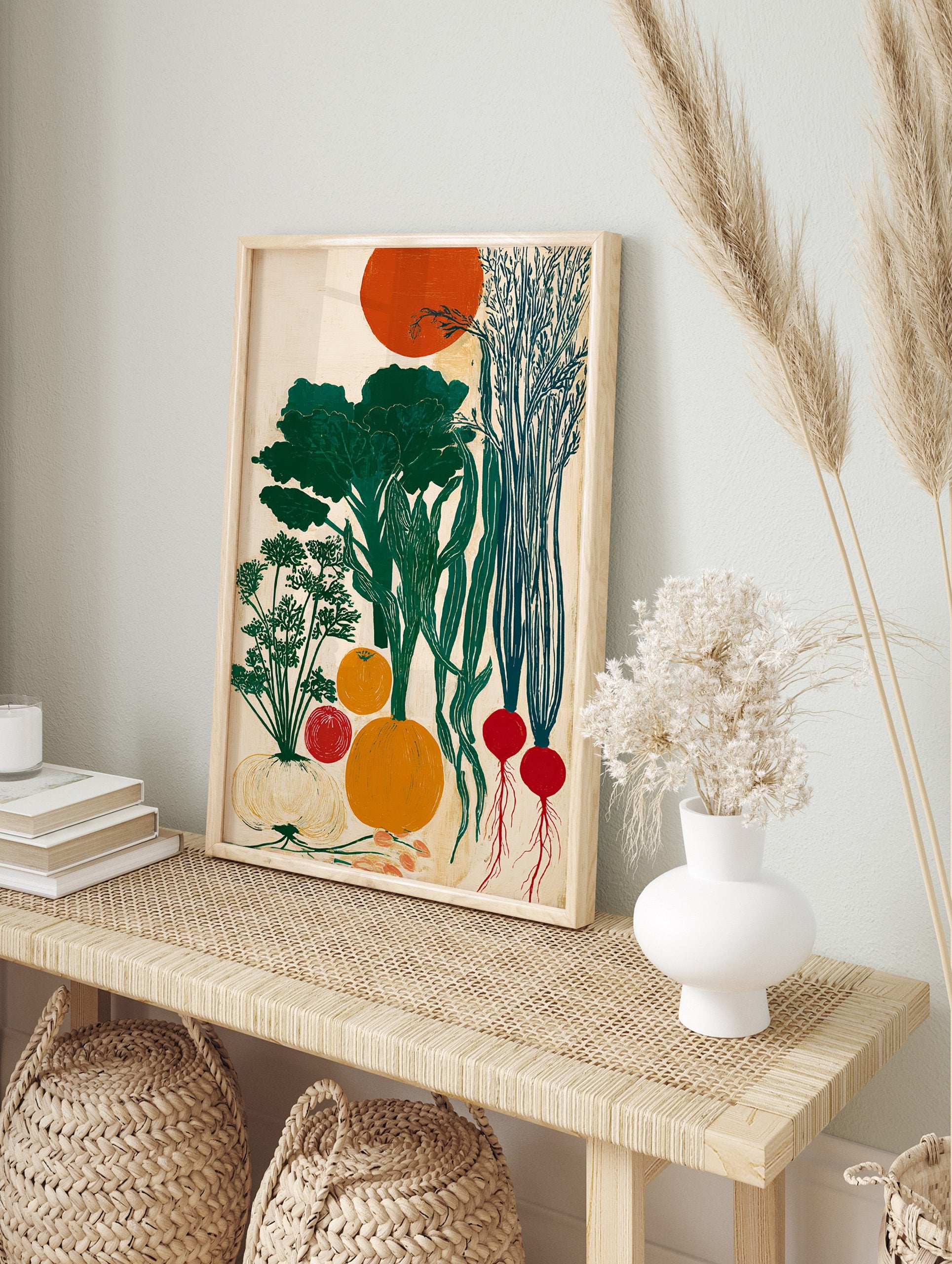 Modern botanical vegetable harvest poster featuring green broccoli, carrots, radishes, pumpkin, onion, and an orange sun. - Image 4