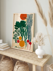 Modern botanical vegetable harvest poster featuring green broccoli, carrots, radishes, pumpkin, onion, and an orange sun. - Image 4