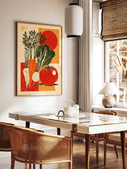 Vintage vegetable harvest poster with carrots, leafy greens, a turnip, and a tomato in red, orange, and green. - Image 2