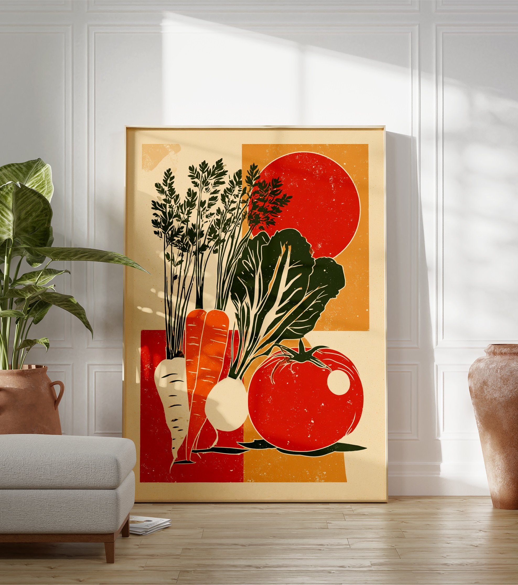 Vintage vegetable harvest poster with carrots, leafy greens, a turnip, and a tomato in red, orange, and green. - Image 3