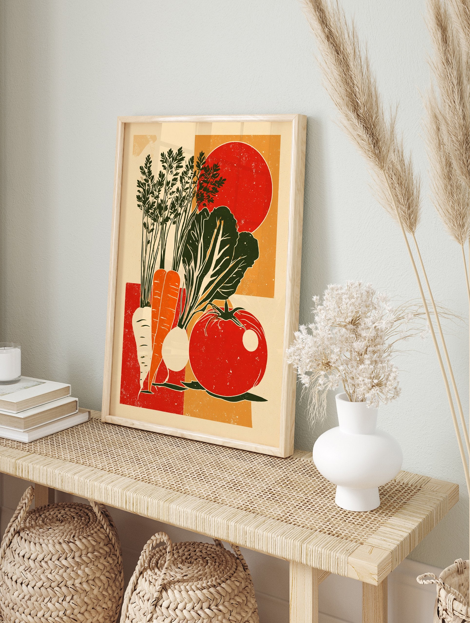 Vintage vegetable harvest poster with carrots, leafy greens, a turnip, and a tomato in red, orange, and green. - Image 4