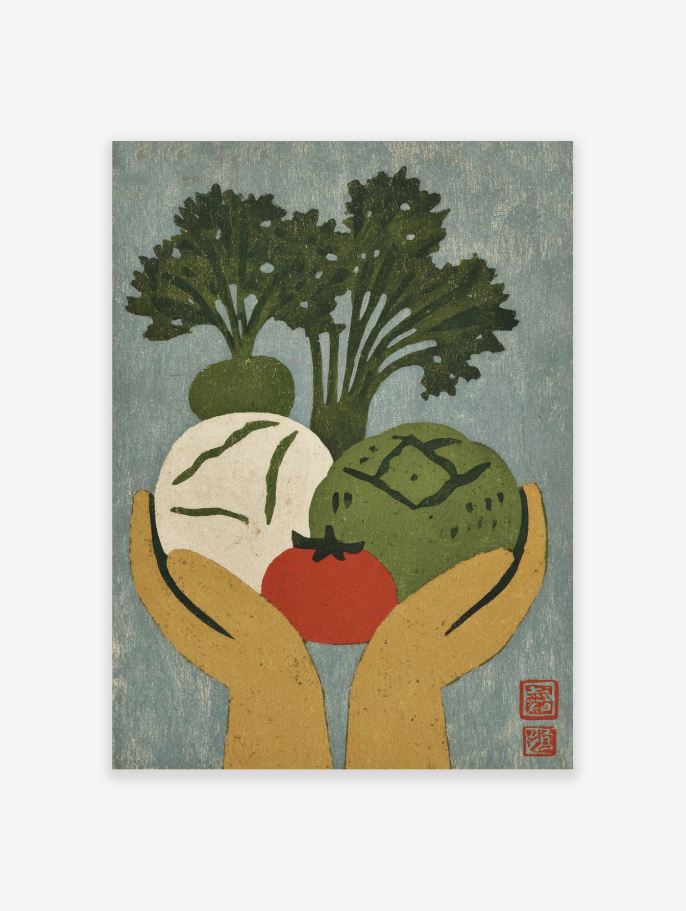Hands holding fresh vegetables: leafy greens, radish, tomato, cabbage on blue background
