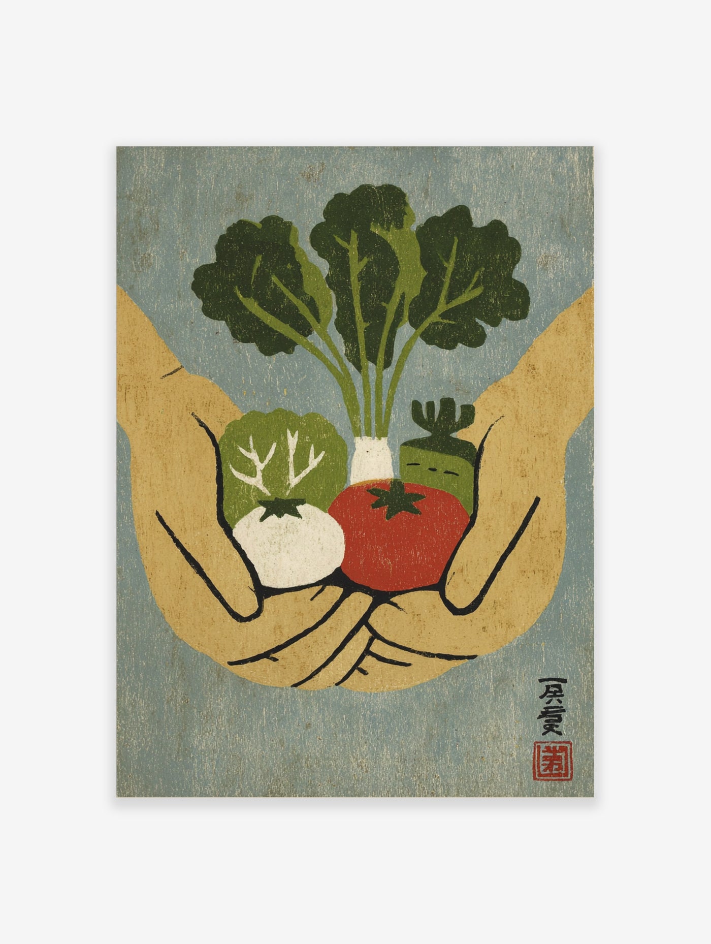 Illustrative print of hands holding vegetables: daikon, tomato, cabbage, cucumber on blue background
