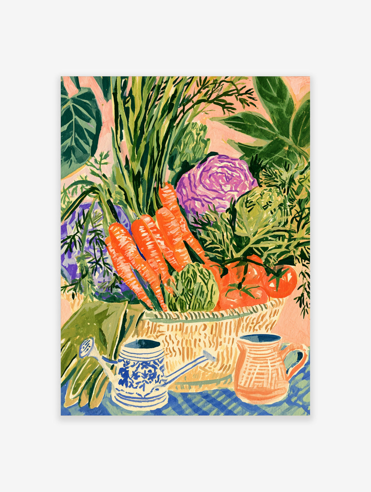 Colourful vegetable harvest art print with carrots, cabbage, tomatoes, and a blue watering can