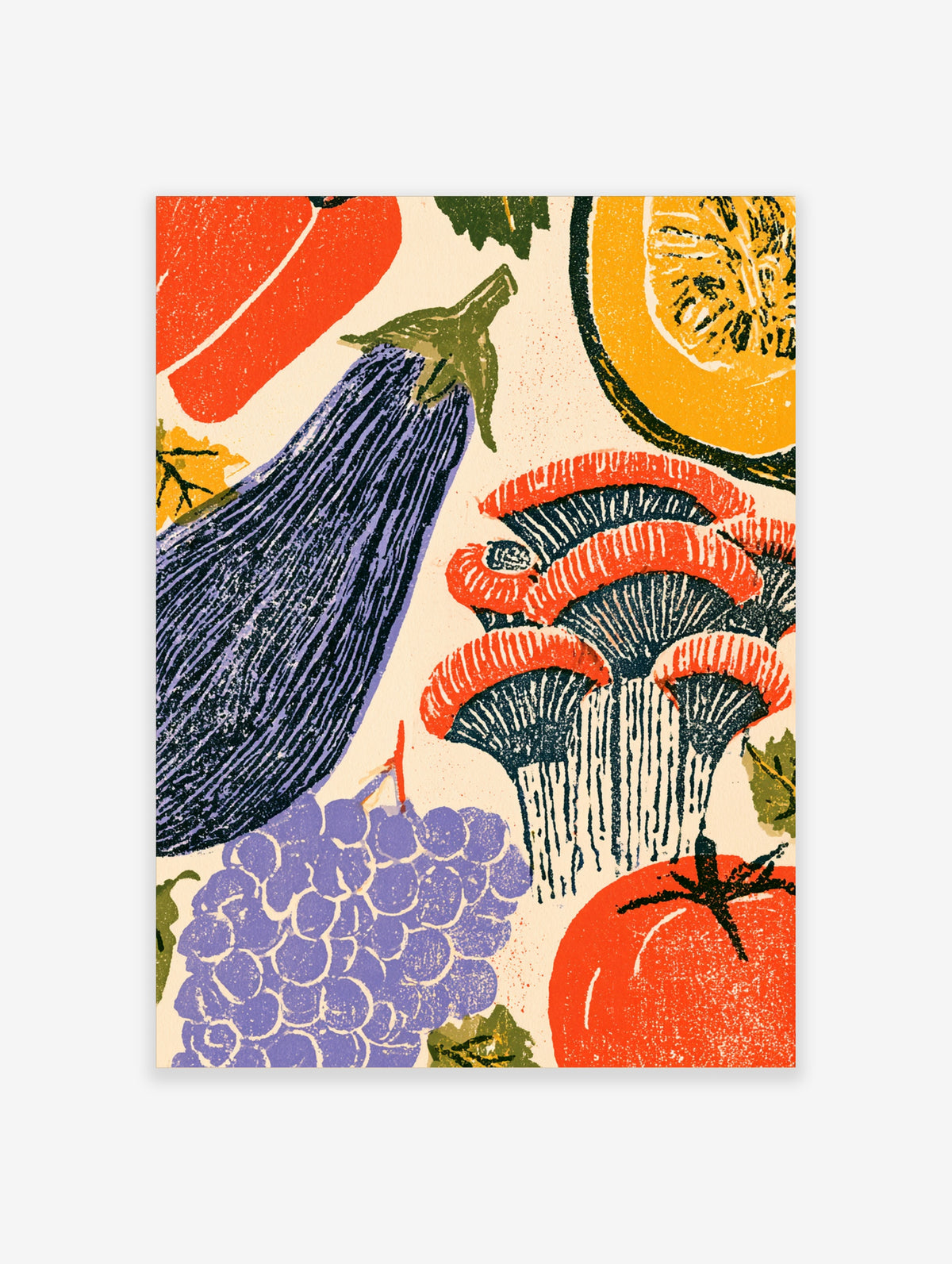 Colourful vegetable harvest art print with aubergine, squash, mushrooms, grapes and tomato in block-print style