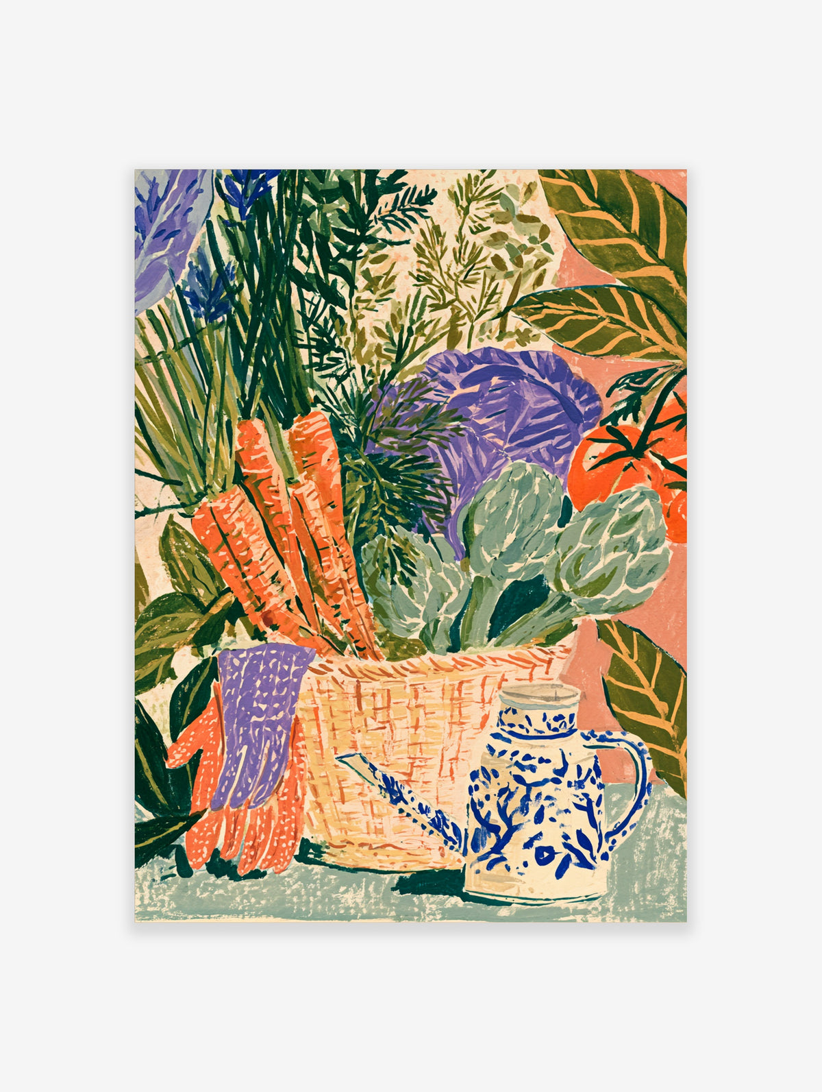 Colourful vegetable harvest poster with carrots, cabbage, and blue watering can in a basket