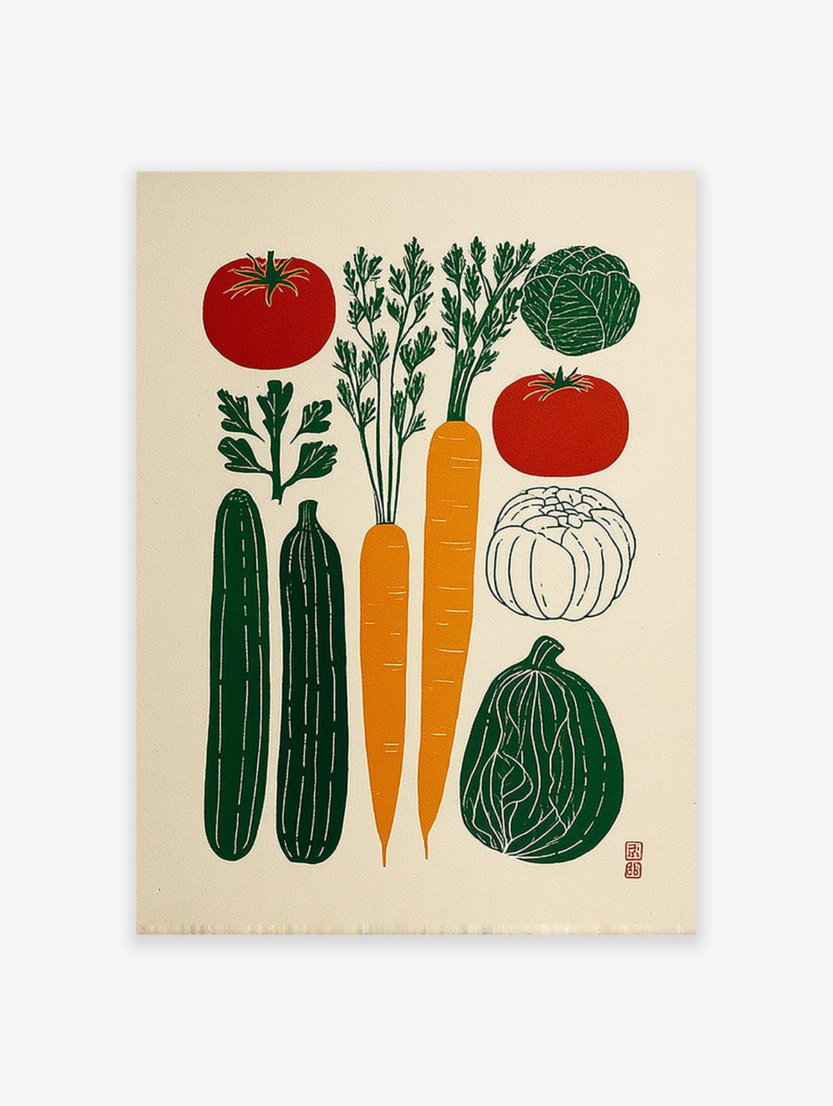 Vegetable illustration poster featuring carrots, tomatoes, cucumbers, cabbage, parsley, and squash in green, red, and orange colors.