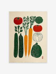 Vegetable illustration poster featuring carrots, tomatoes, cucumbers, cabbage, parsley, and squash in green, red, and orange colors.