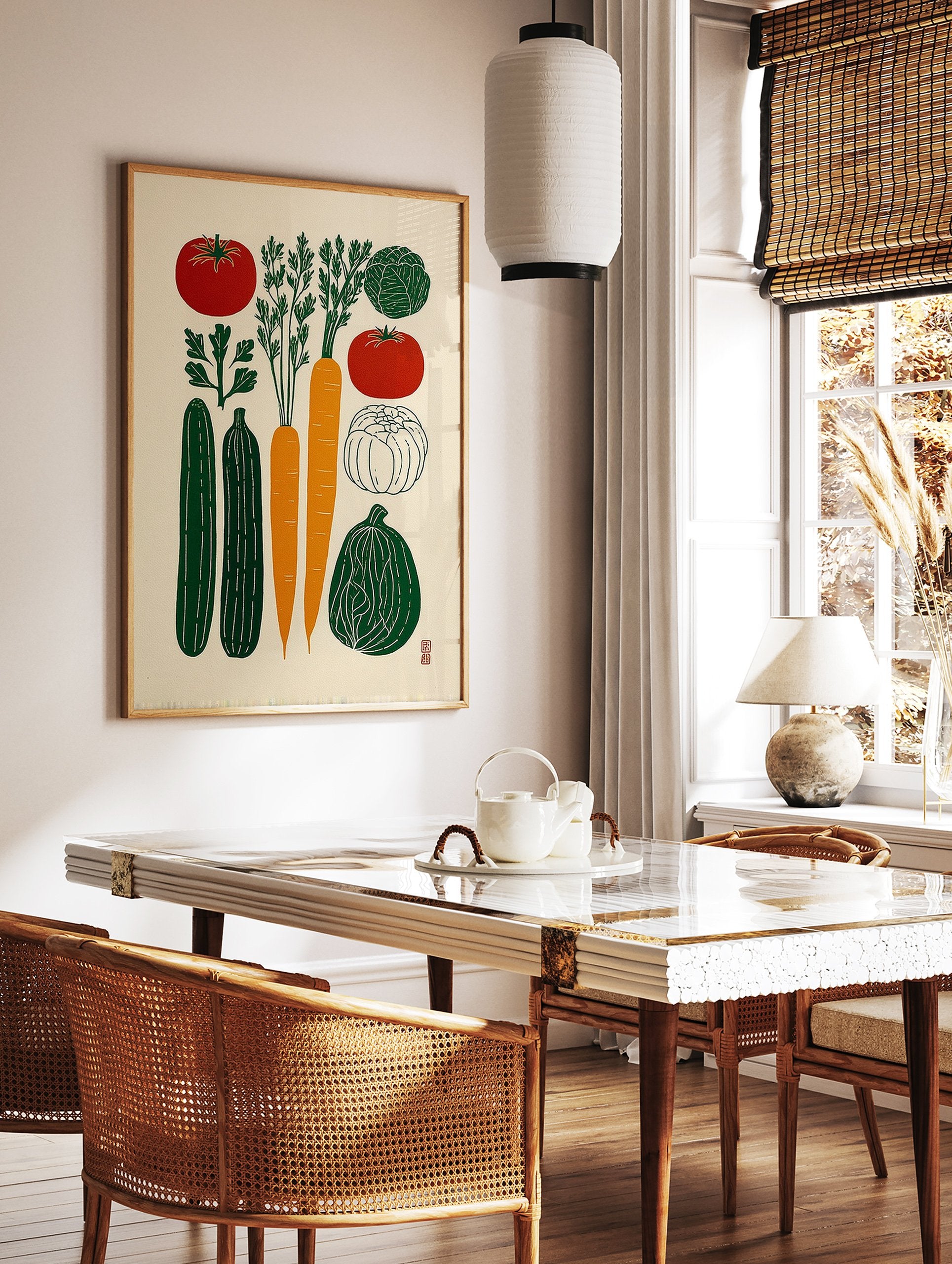 Vegetable illustration poster featuring carrots, tomatoes, cucumbers, cabbage, parsley, and squash in green, red, and orange colors. - Image 2