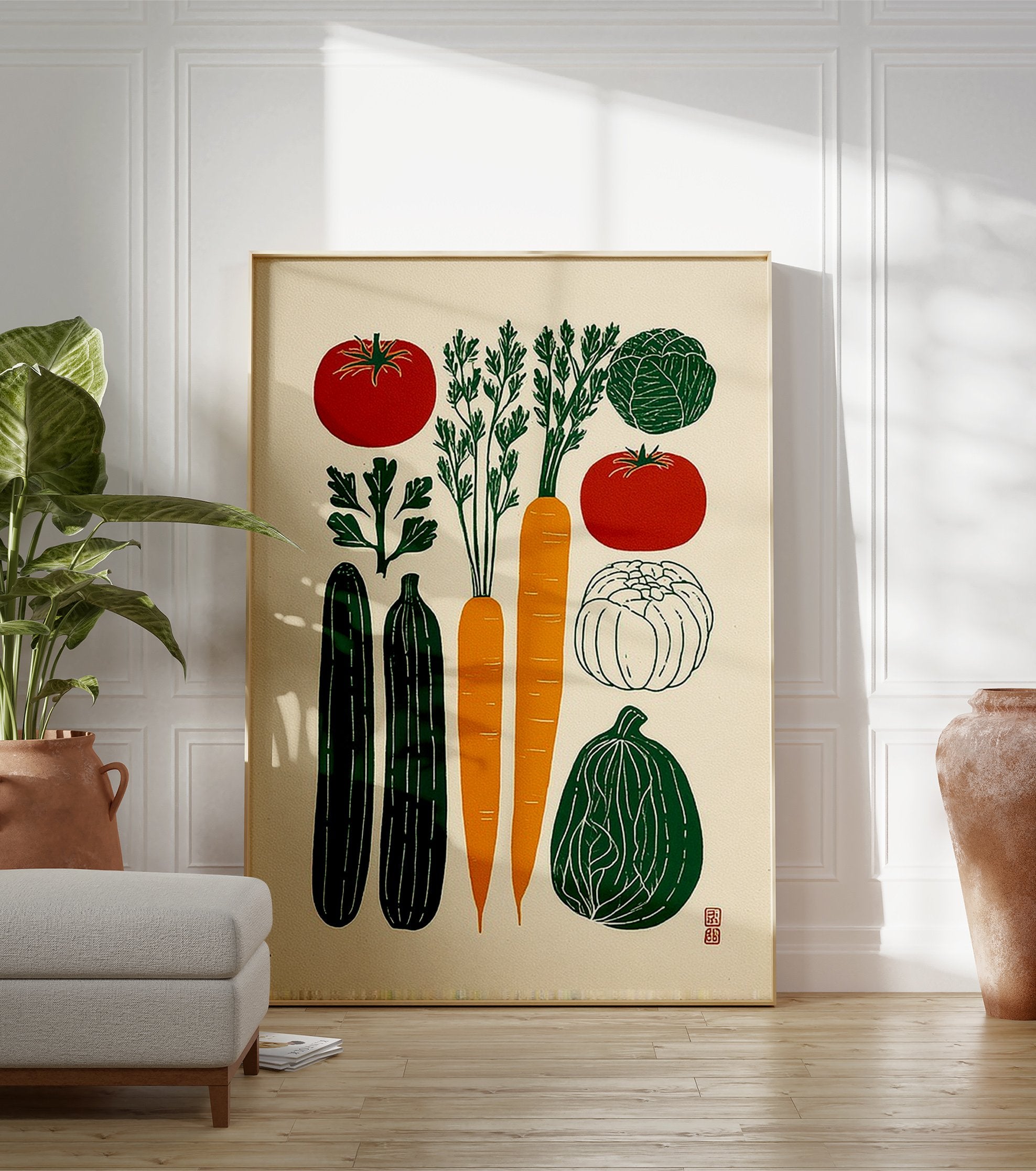 Vegetable illustration poster featuring carrots, tomatoes, cucumbers, cabbage, parsley, and squash in green, red, and orange colors. - Image 3