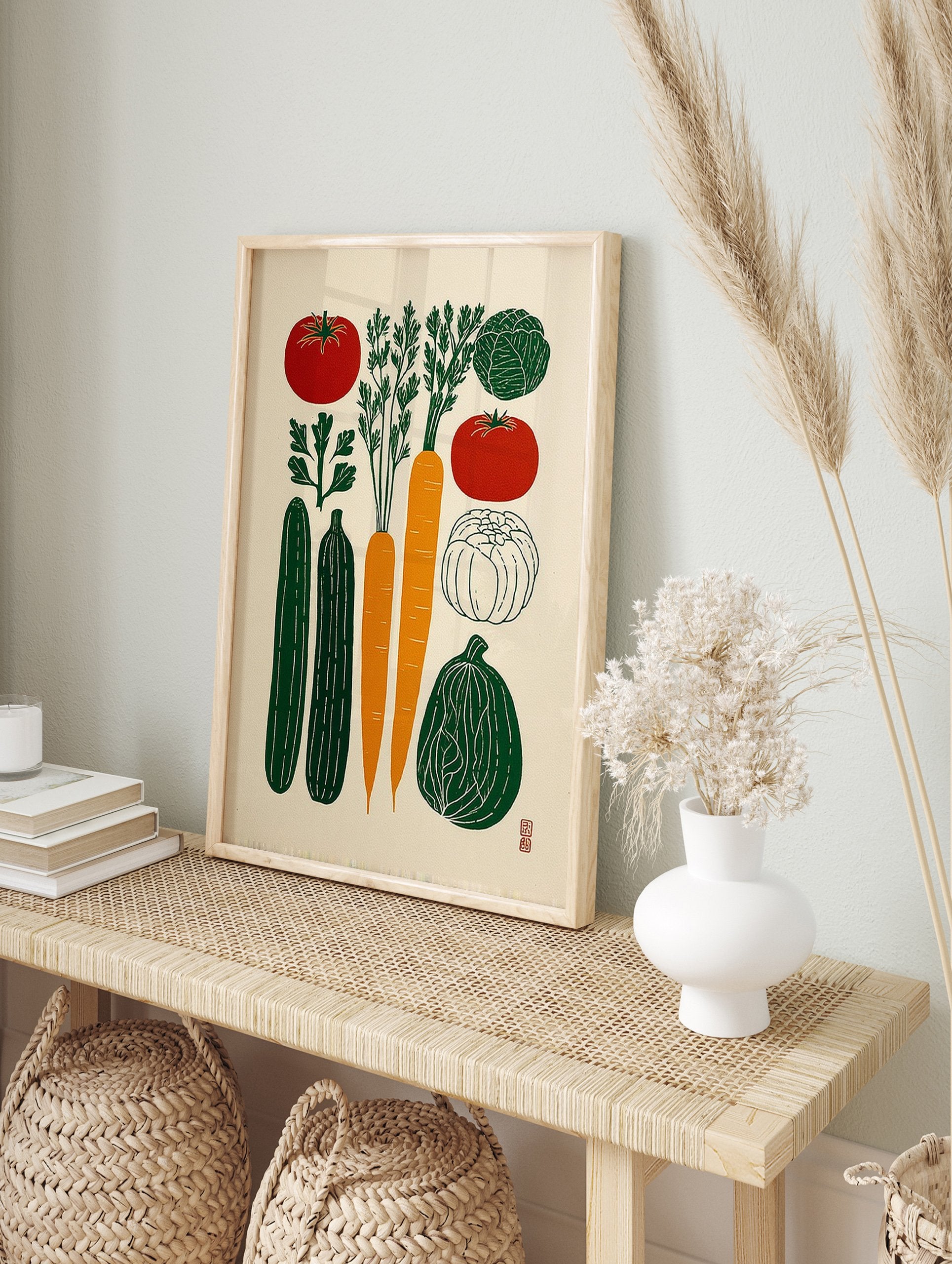 Vegetable illustration poster featuring carrots, tomatoes, cucumbers, cabbage, parsley, and squash in green, red, and orange colors. - Image 4