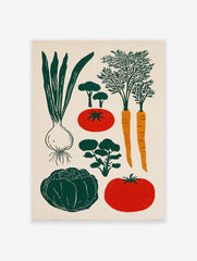 Vegetable illustration poster featuring an onion, carrots, tomatoes, and green leafy vegetables on a cream background.