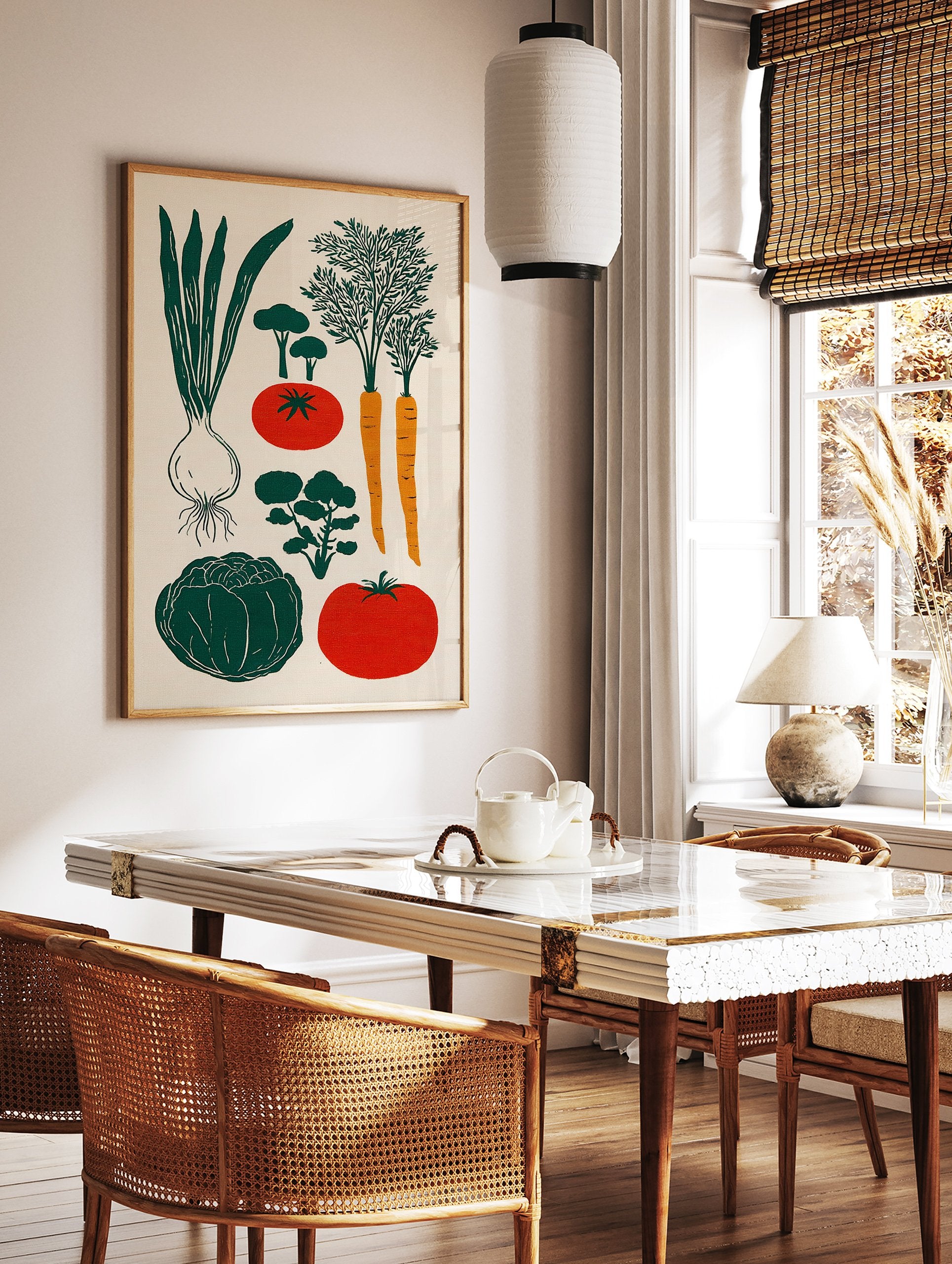 Vegetable illustration poster featuring an onion, carrots, tomatoes, and green leafy vegetables on a cream background. - Image 2