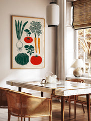 Vegetable illustration poster featuring an onion, carrots, tomatoes, and green leafy vegetables on a cream background. - Image 2