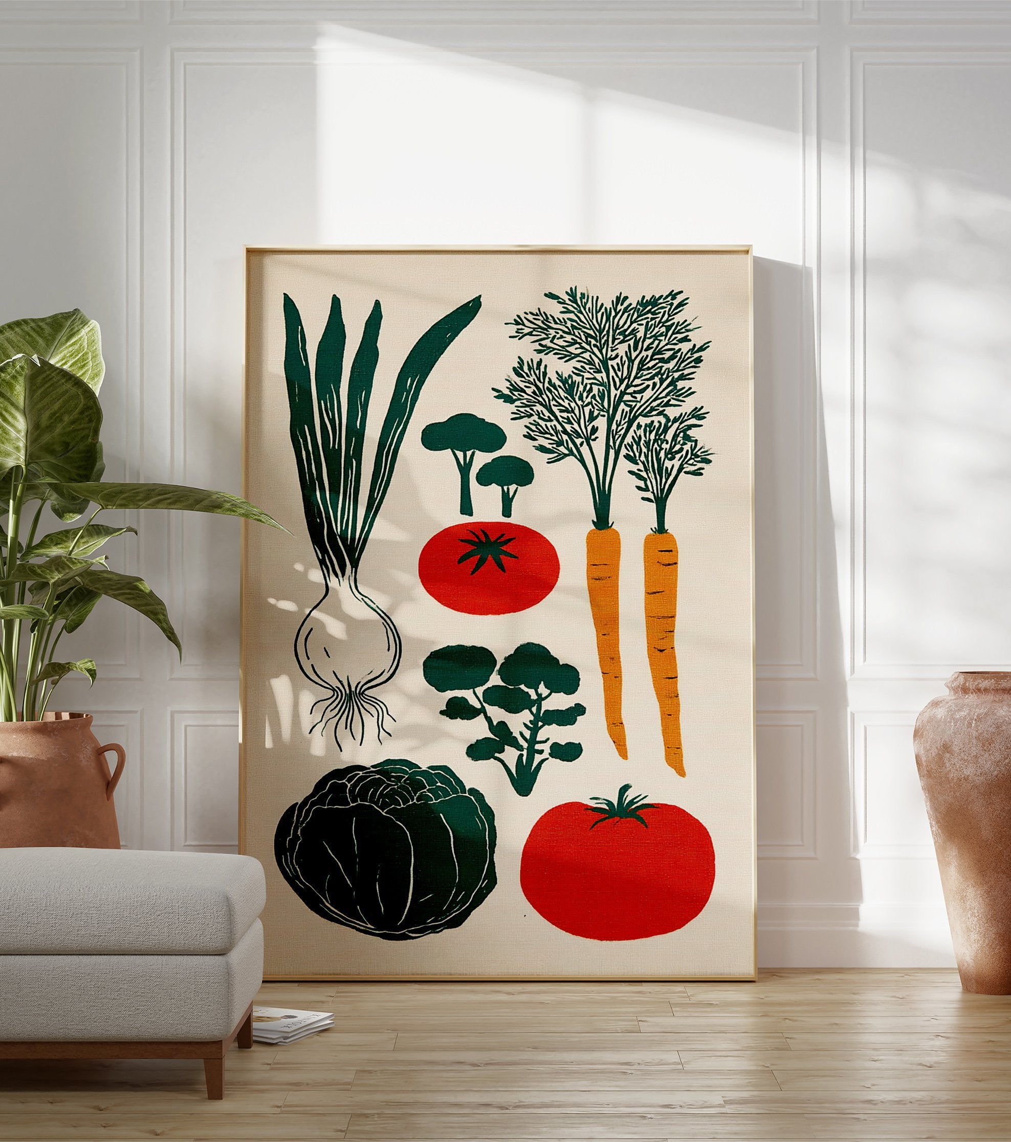 Vegetable illustration poster featuring an onion, carrots, tomatoes, and green leafy vegetables on a cream background. - Image 3