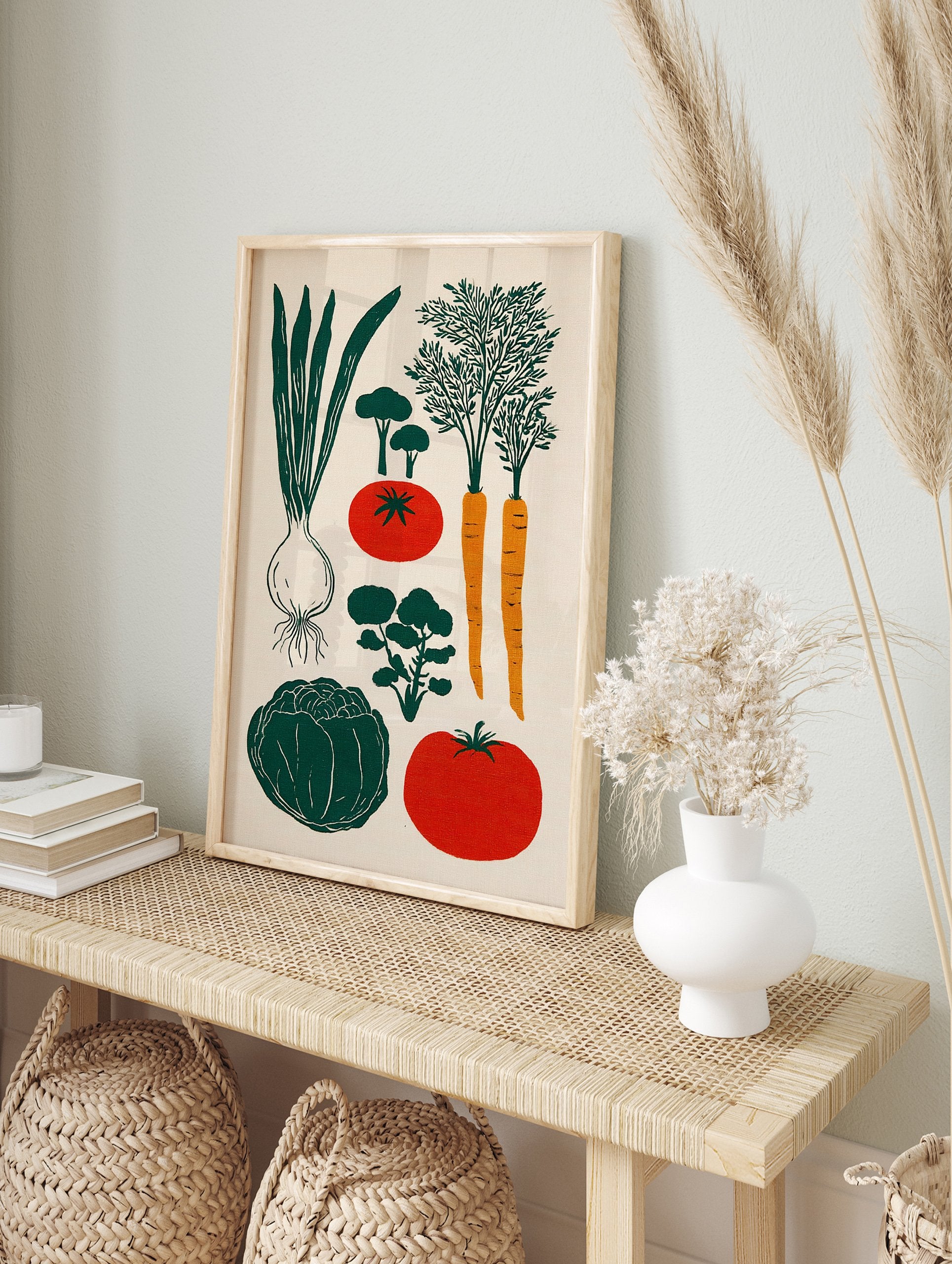 Vegetable illustration poster featuring an onion, carrots, tomatoes, and green leafy vegetables on a cream background. - Image 4
