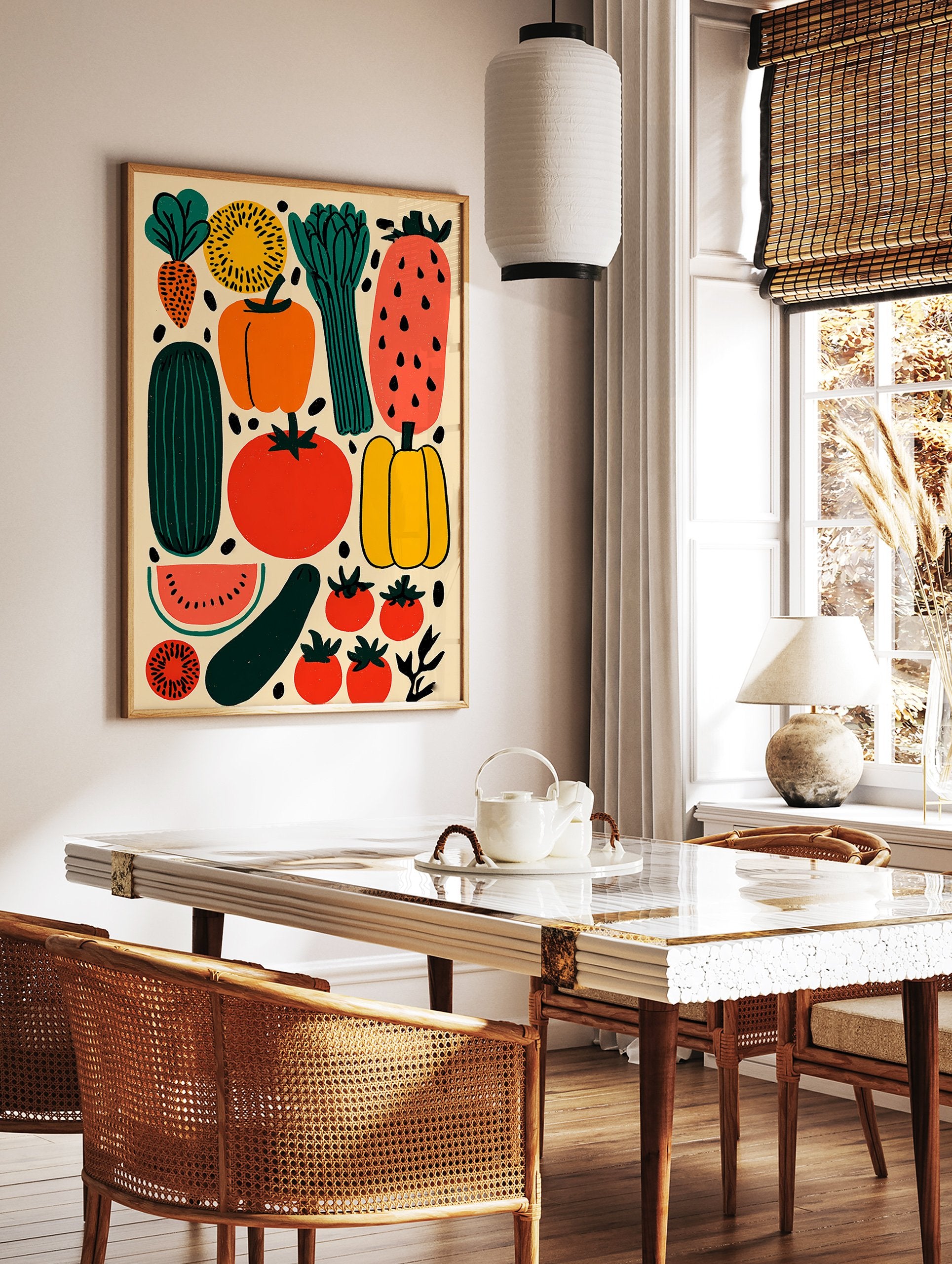 Vibrant vegetable illustration poster featuring carrots, tomatoes, peppers, cucumber, and watermelon on a light background. - Image 2
