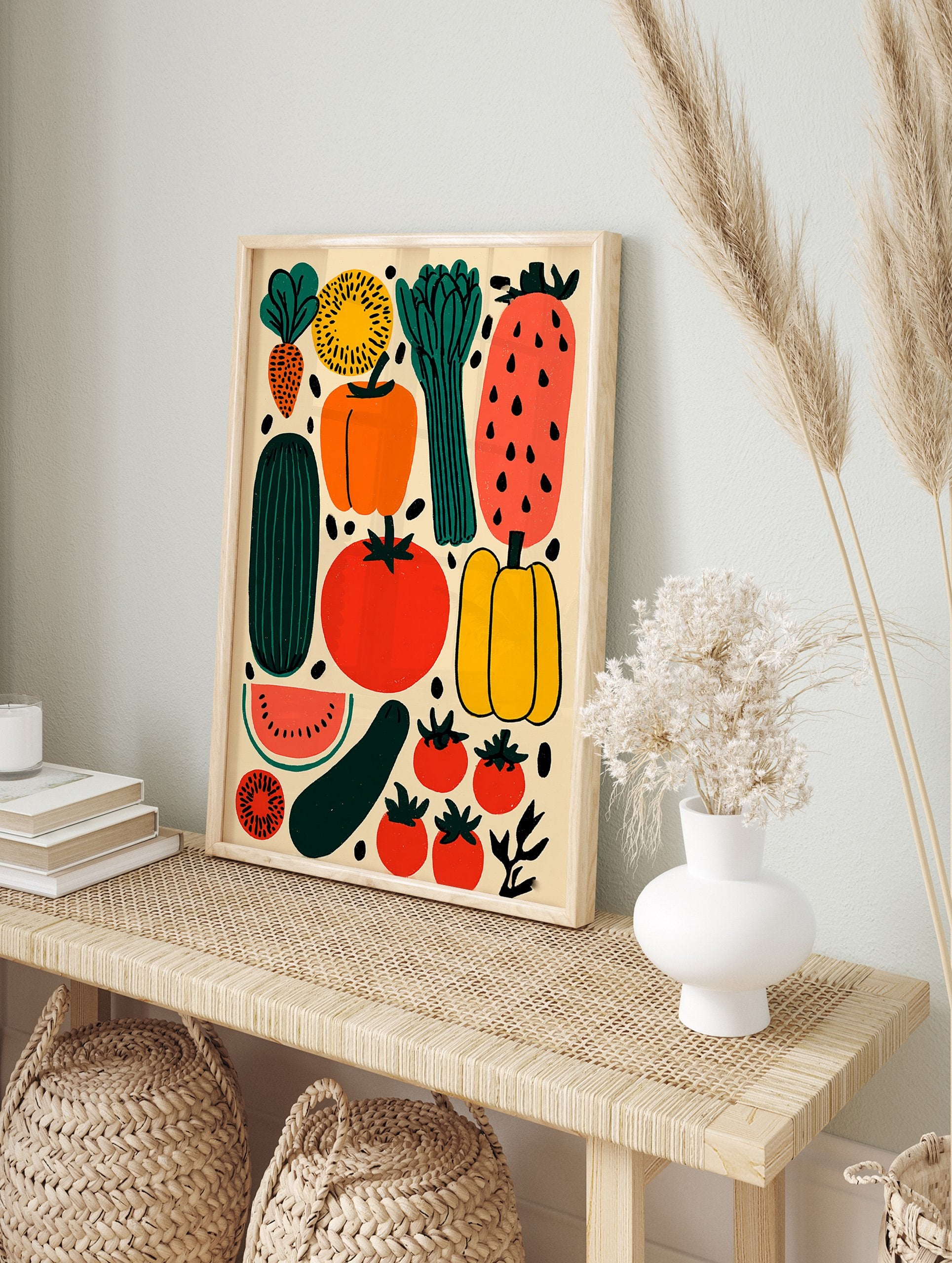 Vibrant vegetable illustration poster featuring carrots, tomatoes, peppers, cucumber, and watermelon on a light background. - Image 4