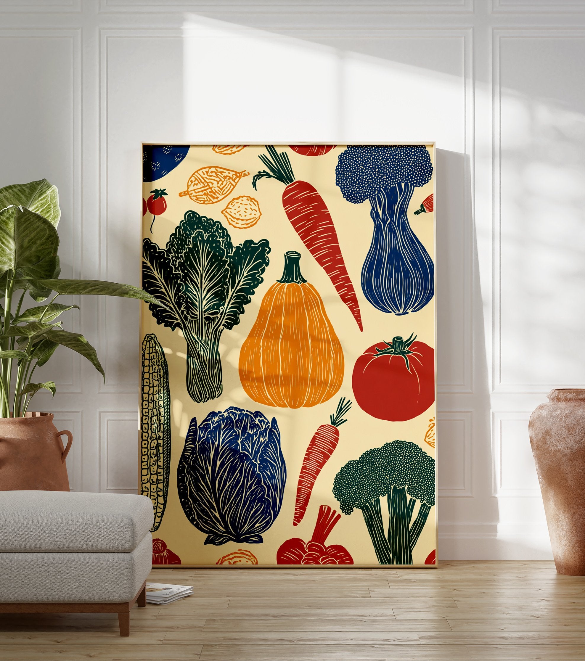 Illustrated vegetable poster featuring a colorful assortment of produce like carrots, pumpkin, broccoli, and corn on a light background. - Image 3