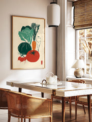 Illustrated vegetable poster featuring a tomato, cabbage, pumpkin, carrots, parsnip, and radishes in a vintage style. - Image 2
