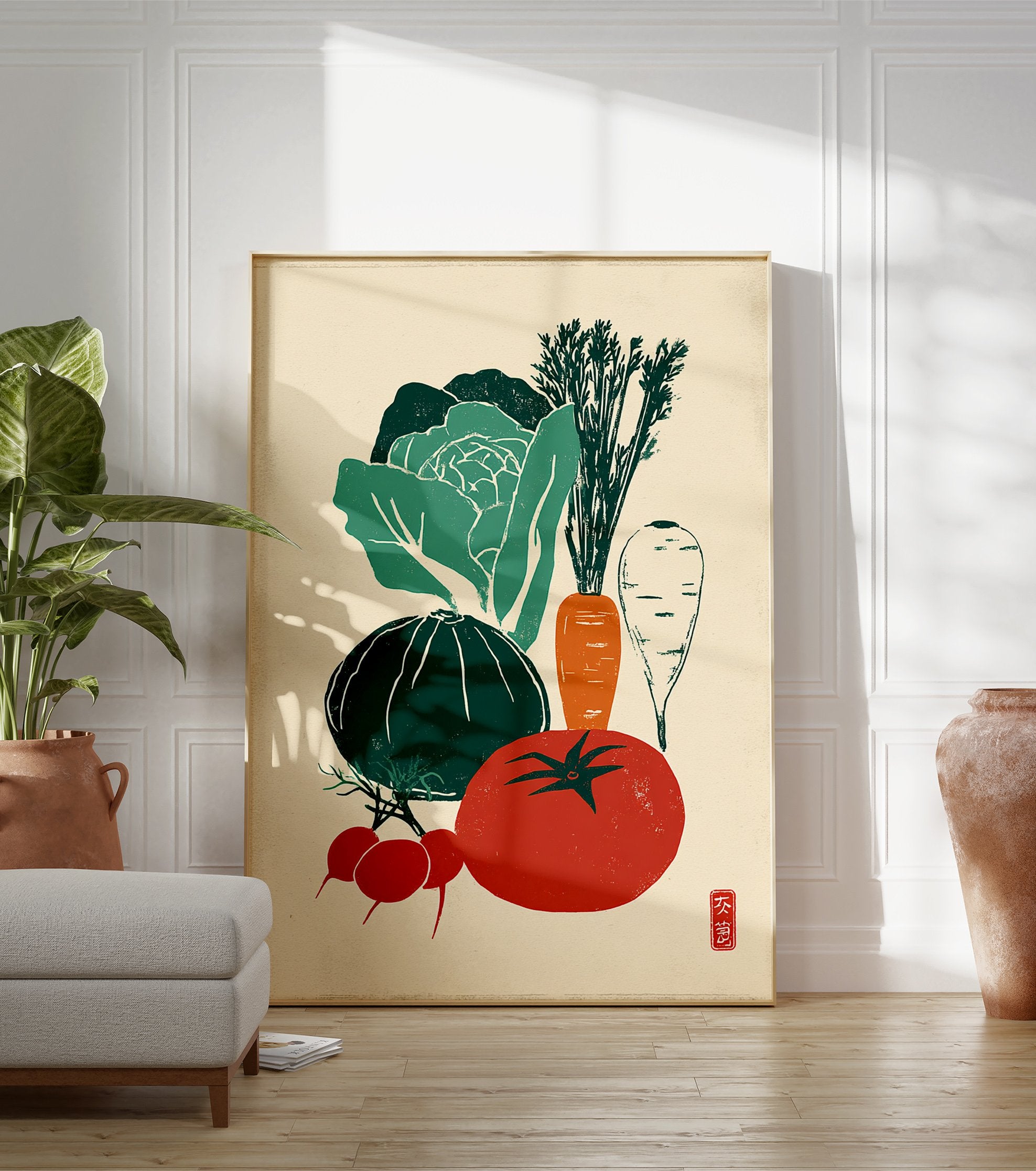 Illustrated vegetable poster featuring a tomato, cabbage, pumpkin, carrots, parsnip, and radishes in a vintage style. - Image 3