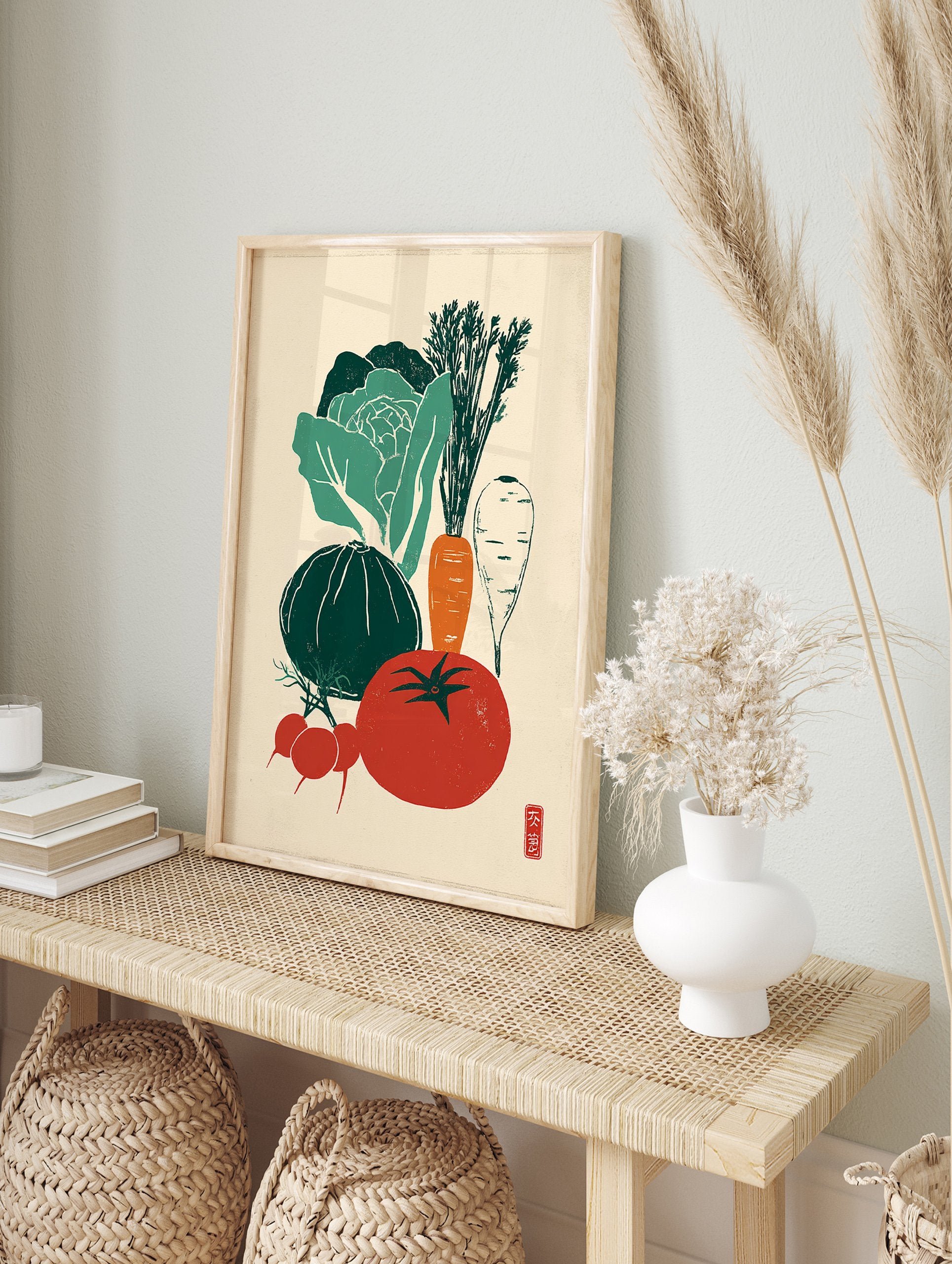 Illustrated vegetable poster featuring a tomato, cabbage, pumpkin, carrots, parsnip, and radishes in a vintage style. - Image 4