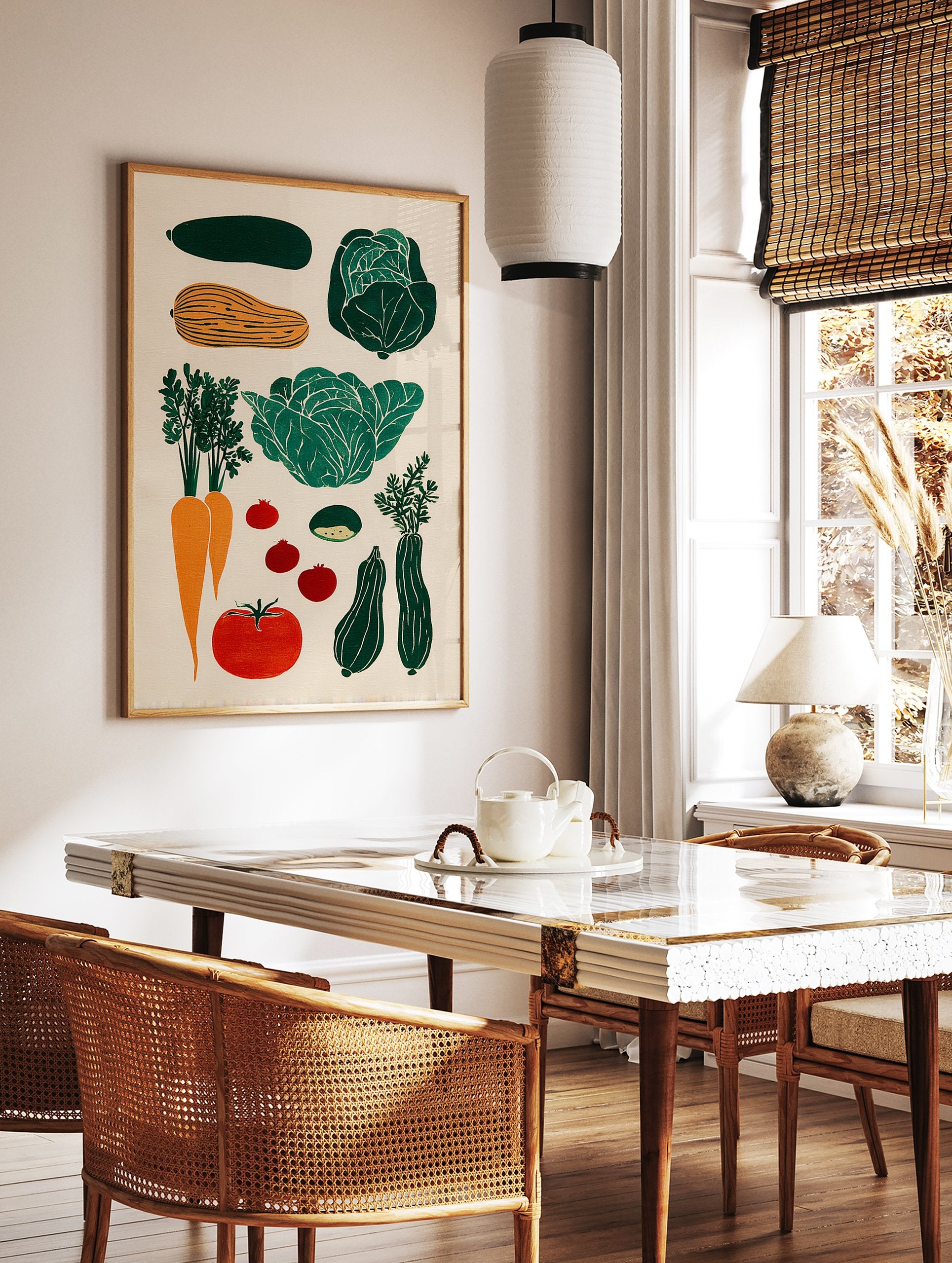 Vegetable linocut art poster featuring illustrations of green cabbage, orange carrots, red tomatoes, and green zucchini on a light background. - Image 2