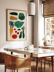 Vegetable linocut art poster featuring illustrations of green cabbage, orange carrots, red tomatoes, and green zucchini on a light background. - Image 2