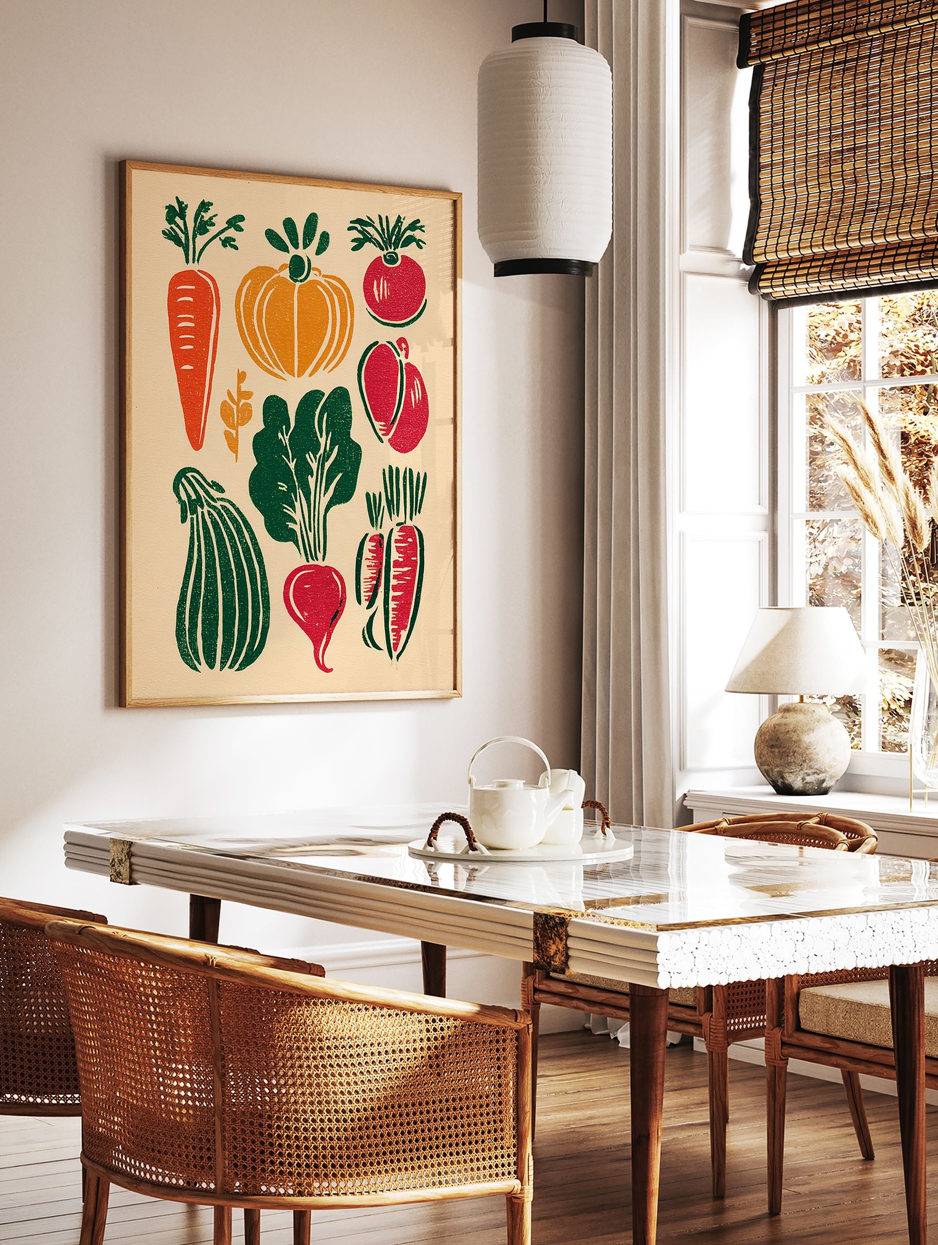 A linocut style vegetable poster showing various red, green, and orange vegetables like carrots, pumpkins, and beets on a light background. - Image 2