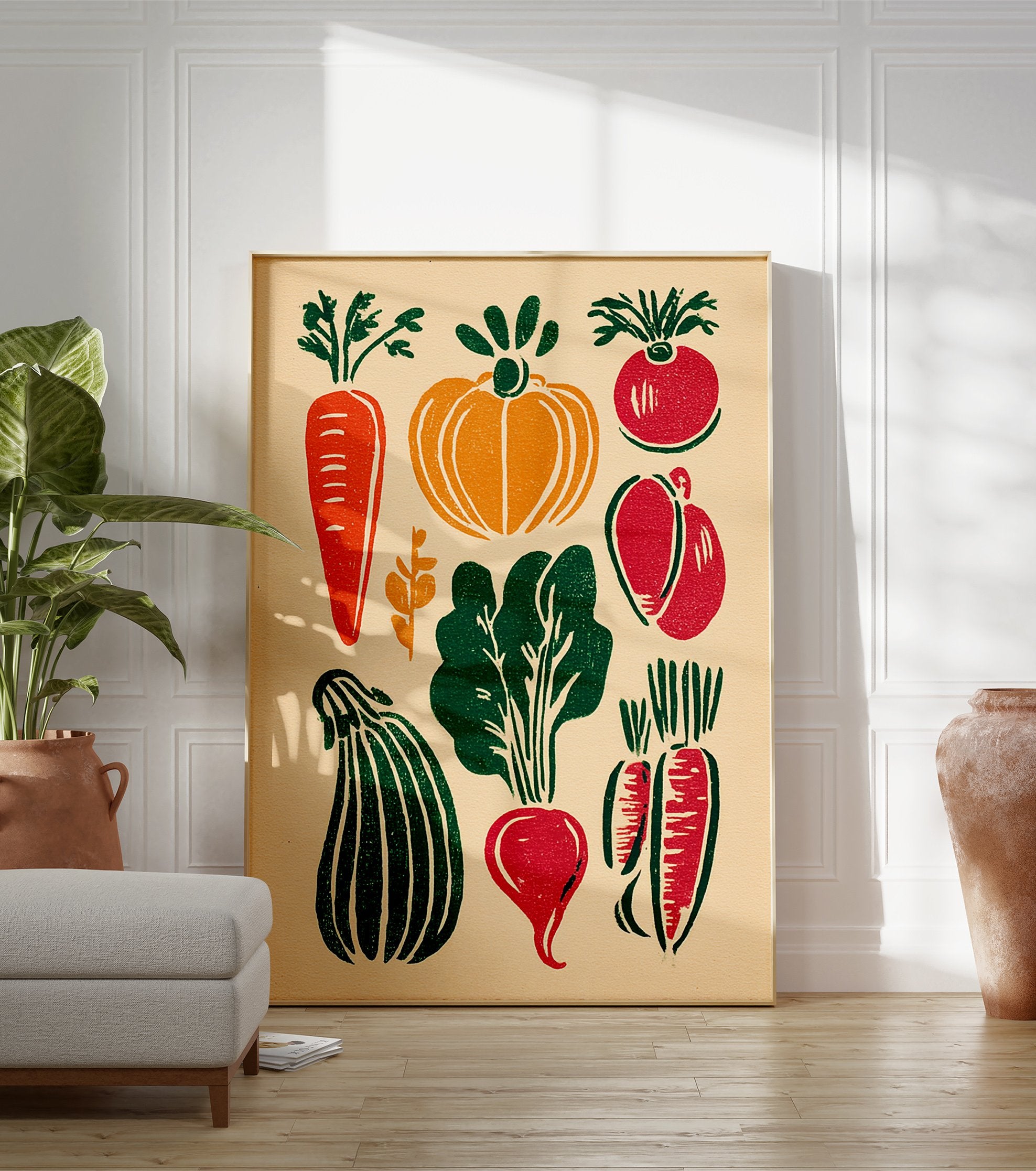 A linocut style vegetable poster showing various red, green, and orange vegetables like carrots, pumpkins, and beets on a light background. - Image 3